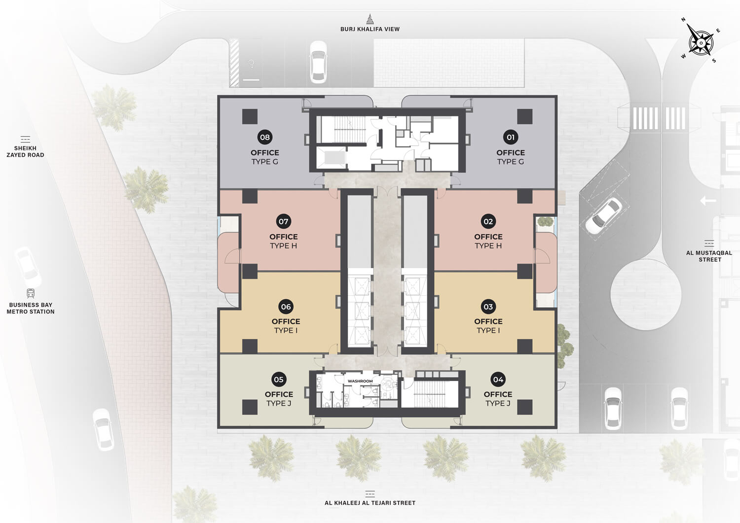 Berkeley Tower floor plan, Up to eight offices per floor: 1,132 to 1,389 sq ft