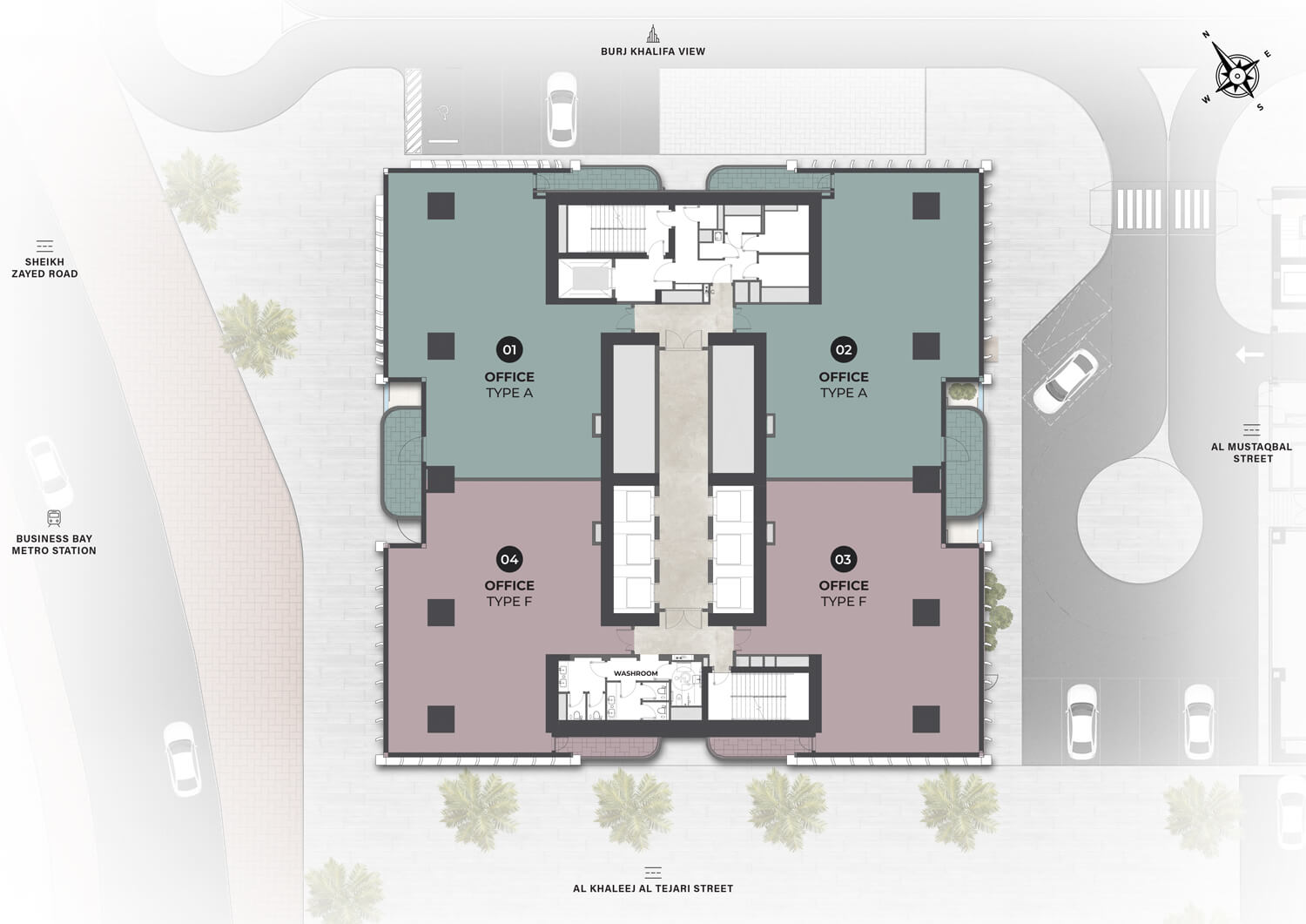 Berkeley Tower floor plan, Up to four offices per floor: 2,502 to 2,867 sq ft